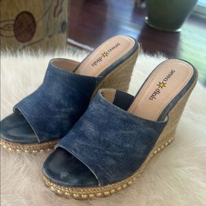 Seven Dials Denim Blue Wedge Sandals with Gold Trim